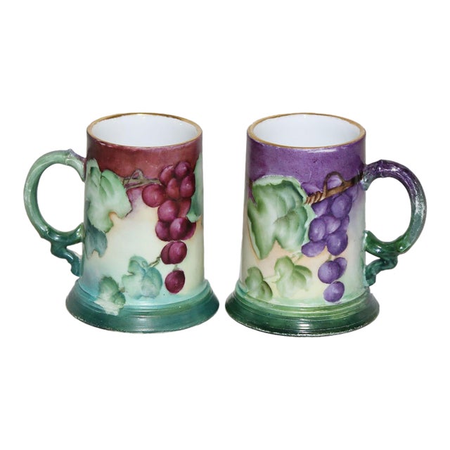 Pair of Beautiful Antique JPL Limoges Hand Painted Grape Themed Porcelain Tankards For Sale