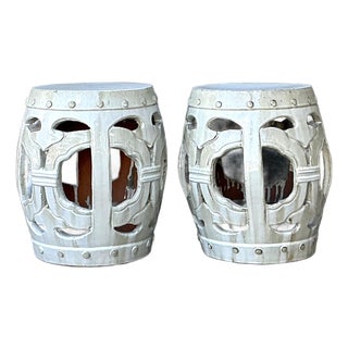 Vintage Linked Rings Glazed Ceramic Garden Stools - A Pair For Sale