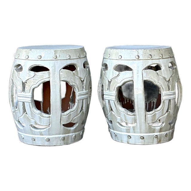 Vintage Linked Rings Glazed Ceramic Garden Stools - A Pair For Sale