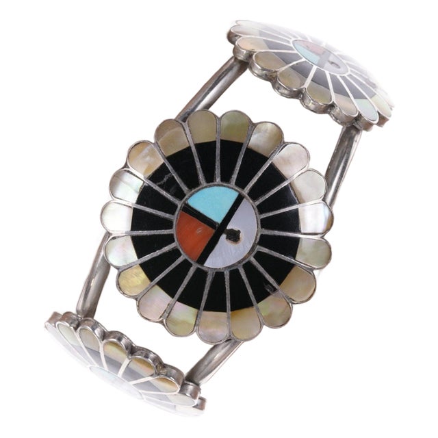 6.25" Vintage Zuni Silver Multi-Stone Channel inlay bracelet For Sale