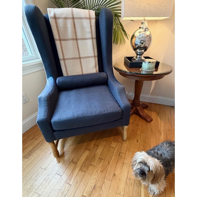 Wingback Chair in Navy Blue Linen and Tan by Restoration Hardware For Sale - Image 18 of 18