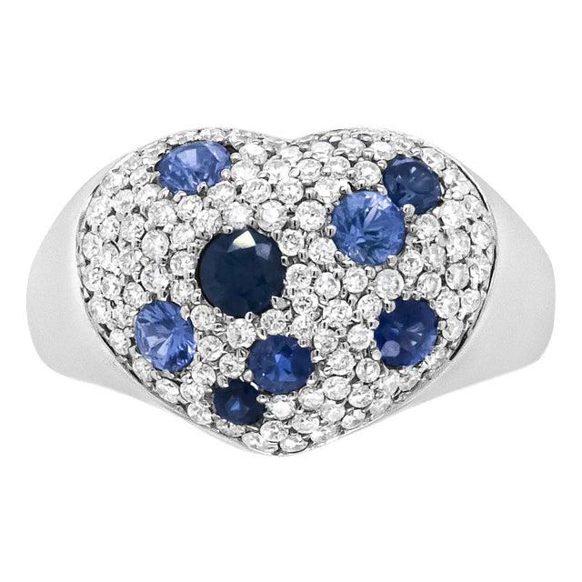 18K White Gold Blue Sapphire and 5/8 Cttw Diamond Cluster Heart Shaped Ring (F-G Color, VS1-VS2 Clar For Sale
