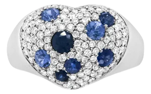 18K White Gold Blue Sapphire and 5/8 Cttw Diamond Cluster Heart Shaped Ring (F-G Color, VS1-VS2 Clar