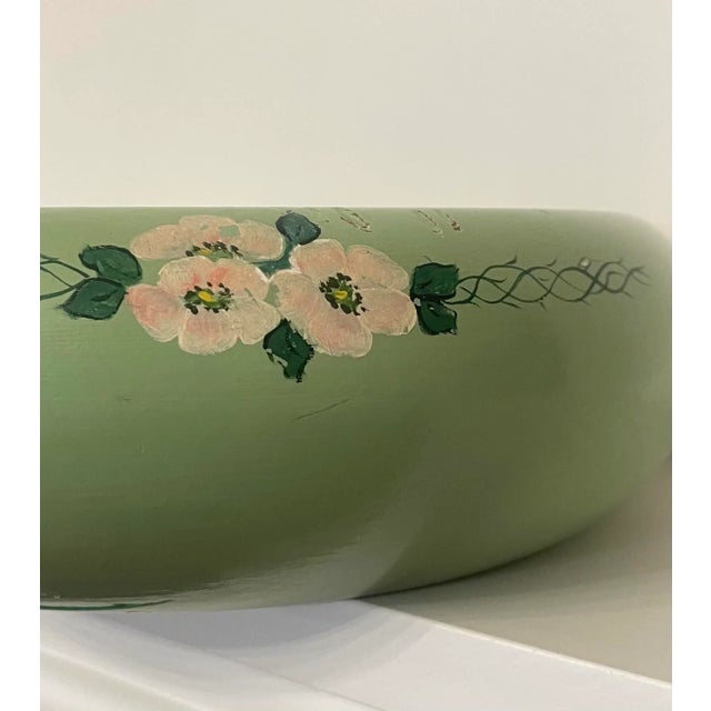Mid-Century Modern Vintage Folk Art Floral Hand-Painted Solid Wood Bowl, Celadon, Blush Pink, Brown For Sale - Image 3 of 5