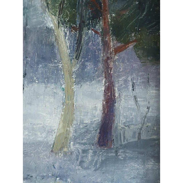 Blue Mid-Century Modern 'Hushed Trees' Vintage Original Landscape Oil Painting, Framed For Sale - Image 8 of 12