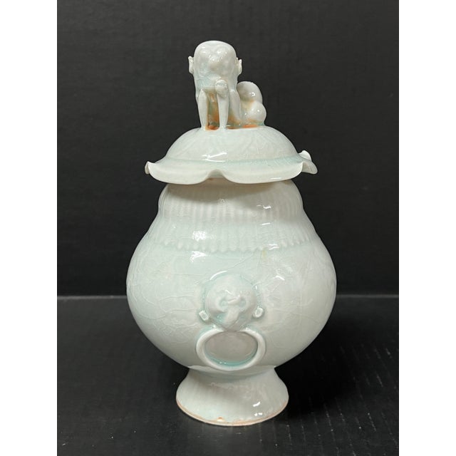 Late 20th Century Late 20th Century Chinese Art Light Celadon Porcelain Covered Jar For Sale - Image 5 of 11