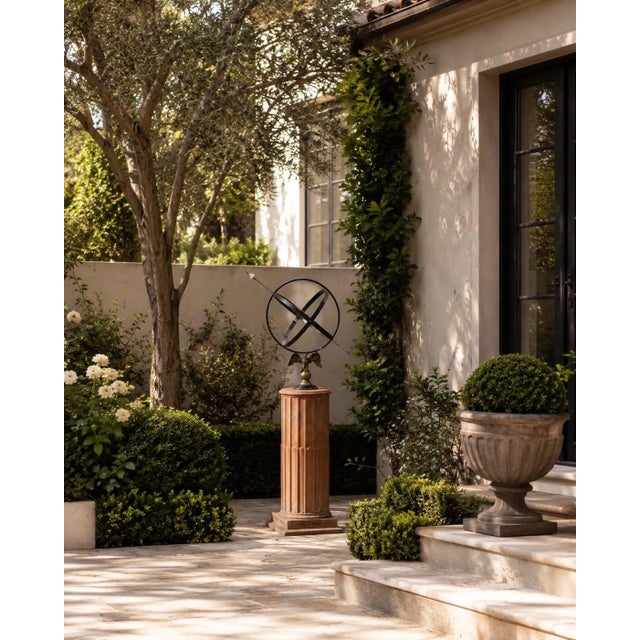 Terra Cotta Neoclassical Wrought Iron Armillary Sphere Sundial on Fluted Terracotta Pedestal For Sale - Image 8 of 12