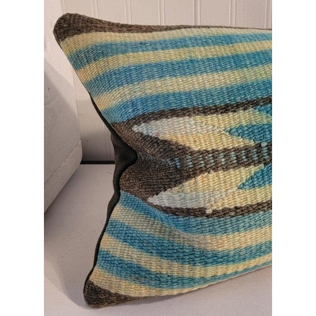 Early most unusual teal colors and a unusual pattern.The backing is in a dark grey leather.The inset is down & feather fill.