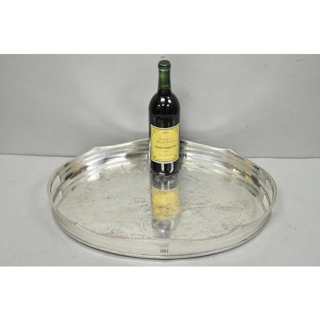 Vintage English Edwardian Silver Plated Etched Oval Scalloped Gallery Bar Platter Tray. Circa Mid 20th Century....