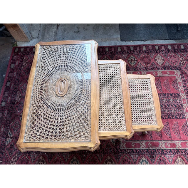 Vintage Nesting Tables in Wood and Caning Under Glass, Set of 3 For Sale - Image 9 of 12