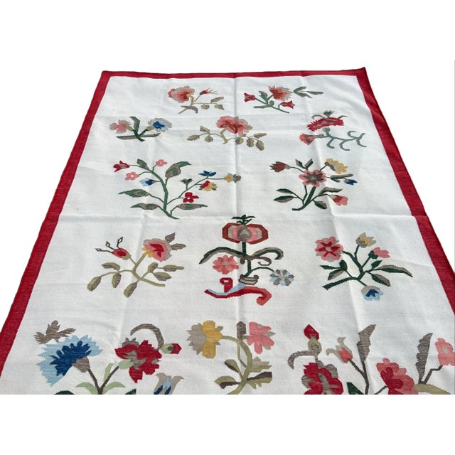 Textile Handmade Cotton Flower Patterned Rug Cream With Blue Green Beige & Red Border -12'x15' For Sale - Image 7 of 11