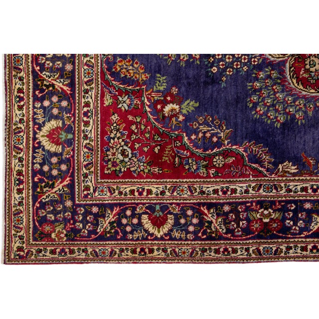 1960s Vintage Persian Tabriz Handmade Medallion Navy Blue Wool Rug For Sale - Image 4 of 7