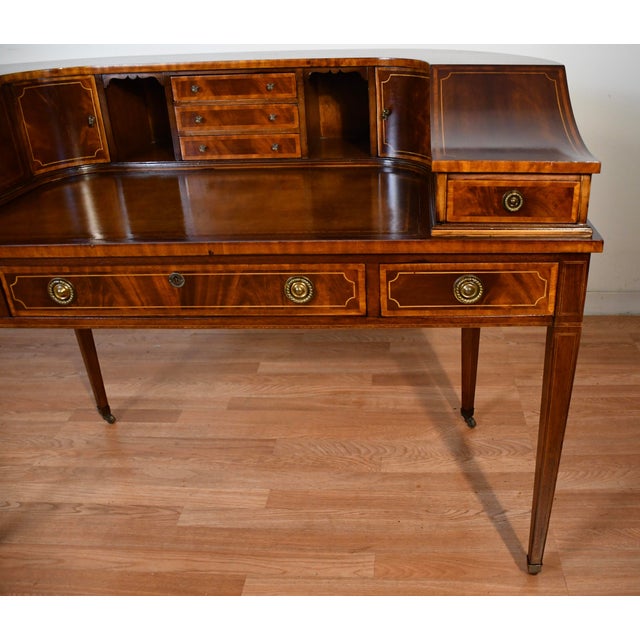 1930s 1930s English Regency Mahogany Inlaid & Leather Top Carlton Writing Desk For Sale - Image 5 of 18