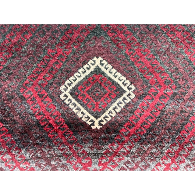 Vintage Afghan Baluchi Hand-Knotted Wool Runner | Deep Burgundy & Ivory Tribal Diamond Rug For Sale - Image 9 of 10