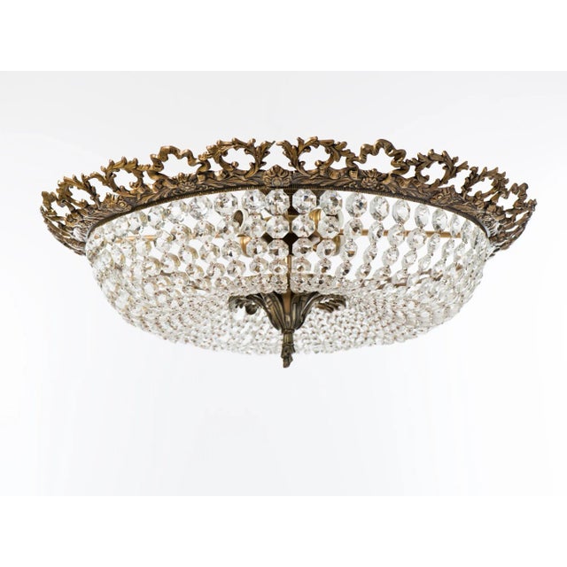 Large Brass & Crystal Semi Flush Mount Basket Chandelier, Spain 1950s For Sale - Image 13 of 13