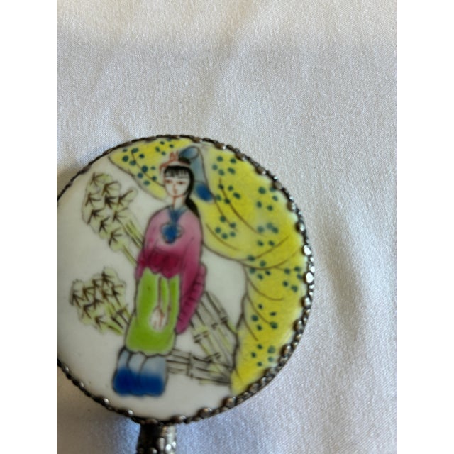 Mid 20th Century Vintage Hand Mirror With Jade Handle & Hand-Painted Asian Scene For Sale - Image 5 of 11