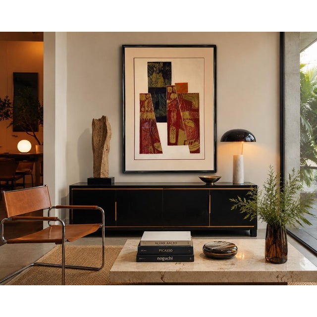 Striking 1974 mixed media abstract composition by Carol Dueno, featuring layered geometric forms, expressive linear...