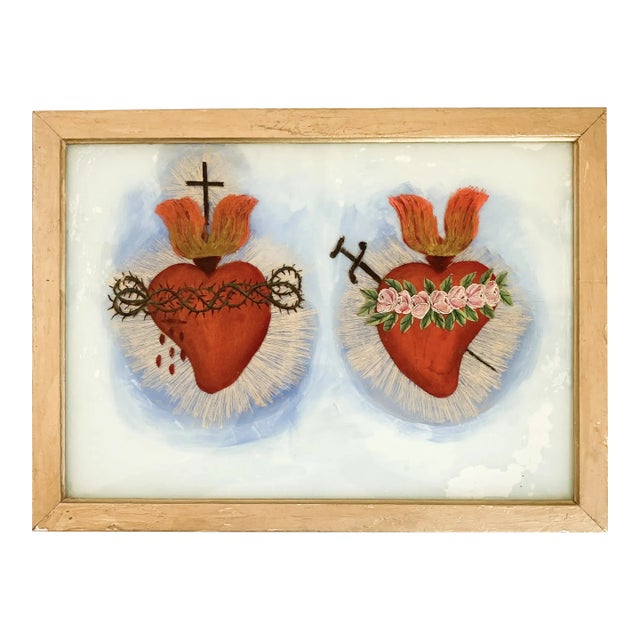 Reverse Glass Painting of Sacred and Immaculate Hearts, 1950's Religious Iconography Art For Sale