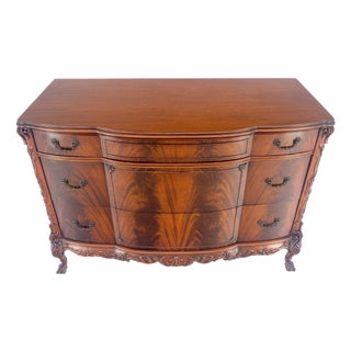 Flame Mahogany Bow Front Claw Feet 3 Drawers Dresser Chippindale Style MINT For Sale