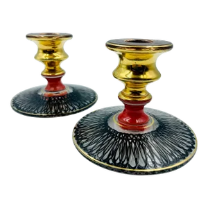 Pair of Mid 20th Century Rose Colored & Gold Leaf Glass Candle Holders With Raised Black "Spaghetti" Spiral Detail