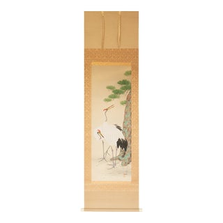 Taisho to Showa Era Japanese Silk Scroll Painting "Two Cranes and a Pine Tree" For Sale