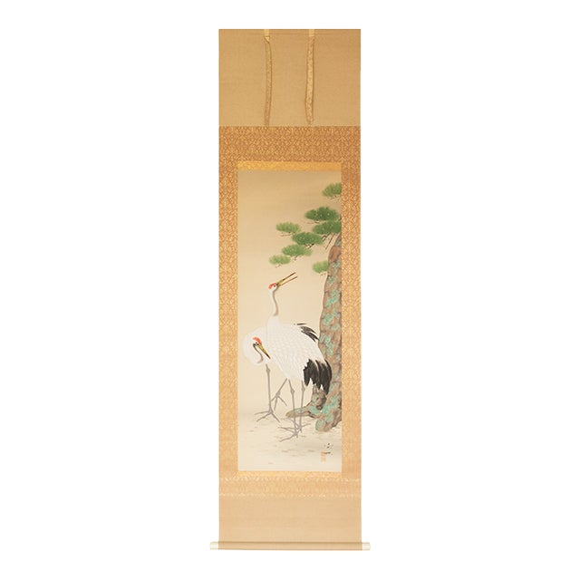 Taisho to Showa Era Japanese Silk Scroll Painting "Two Cranes and a Pine Tree" For Sale