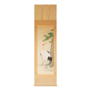 Taisho to Showa Era Japanese Silk Scroll Painting "Two Cranes and a Pine Tree"