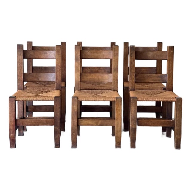 S/6 Early Mission Arts & Crafts Rush Chairs 1900s Michigan Chair Co. For Sale