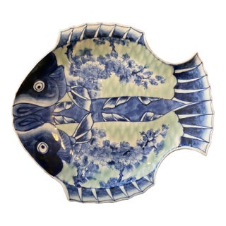 1900s Meiji Period Celadon and Blue Fish Flounder Plate Signed Fukugawa For Sale