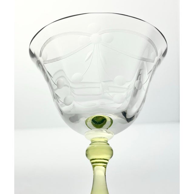 1930s Vaseline-Uranium Etched Flowers Optic Coupe Champagne Glasses - Set of 3 For Sale In Dallas - Image 6 of 8