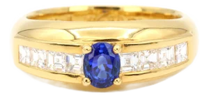 Mid 20th Century 18k (750) Yellow Gold Natural Blue Sapphire and Natural Diamond Ring, Size 6.5