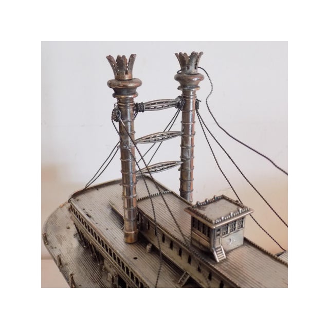 Large Vintage Italian Silver 800 Steamboat Statue with Wooden Base by Robert E. Lee, 1970s For Sale - Image 6 of 12