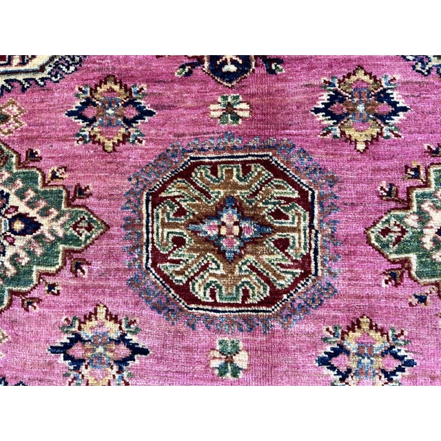 Pink Kazak Tribal Rug With Green Border, 4'11" X 6'8" For Sale - Image 10 of 13