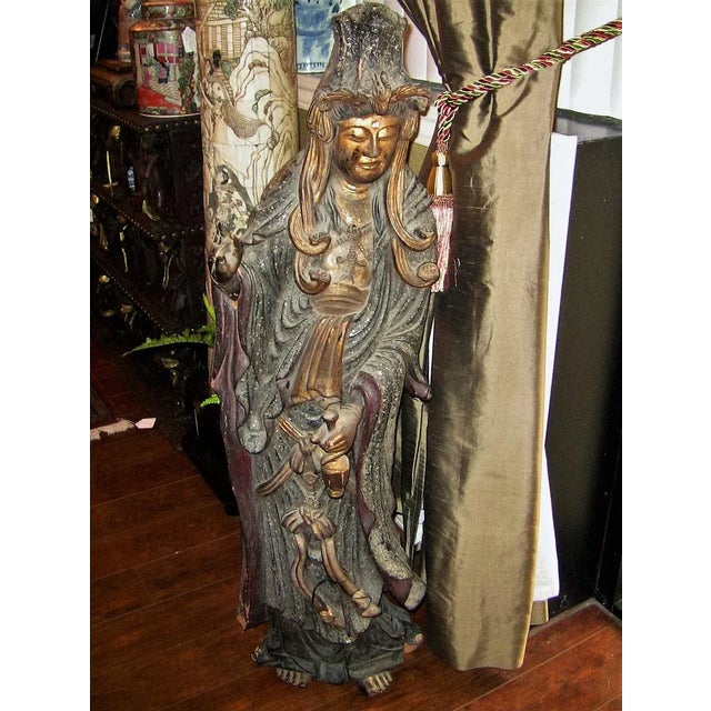 19c Asian Wooden Carved, Painted & Gilded Guanyin Statue For Sale - Image 12 of 12