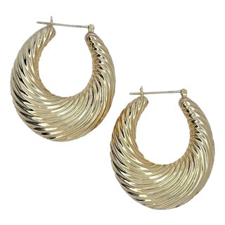 14k Yellow Gold Twisted Hoop Earrings, A Pair For Sale