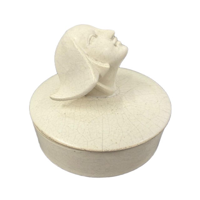 1930s Art Deco Japanese Ceramic Vanity Powder Box with Stylized Female Bust Handle Elevate your vanity, dresser, or shelf...