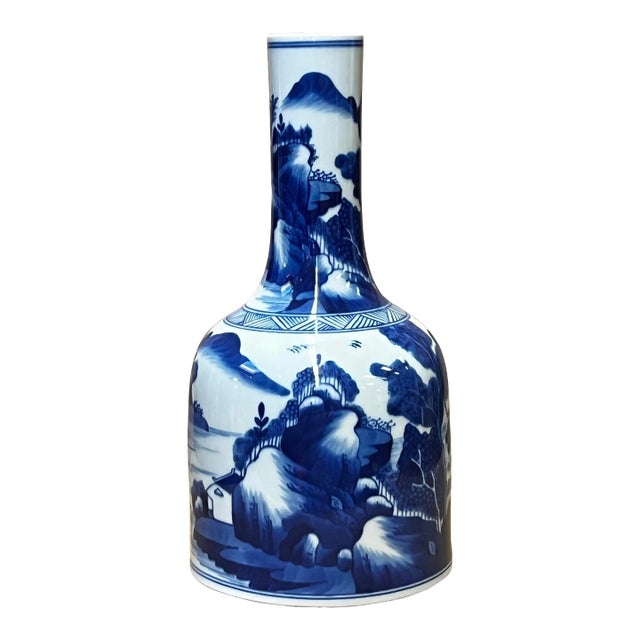 Chinese Blue White Porcelain Small Mouth Scenery Theme Vase For Sale