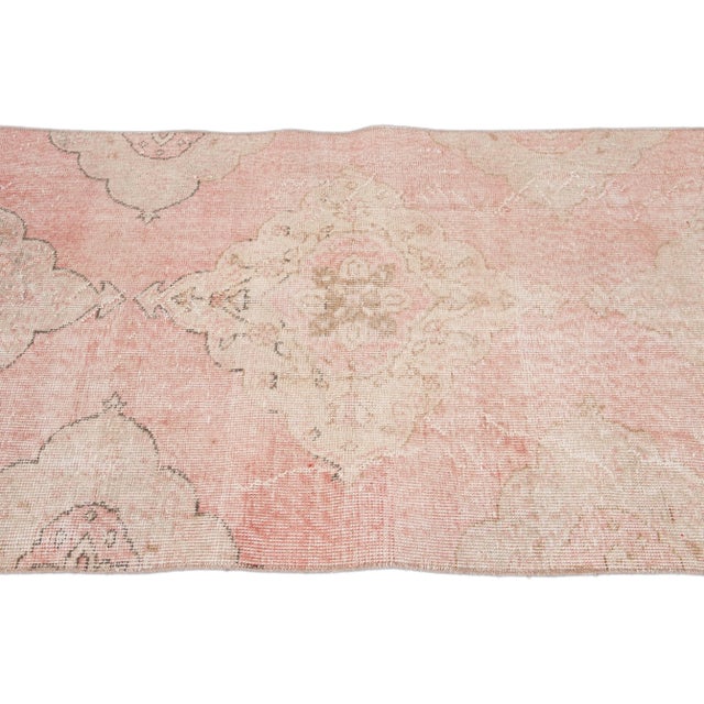 Vintage Turkish Pink and Beige Handmade Medallion Floral Wool Runner For Sale - Image 9 of 10