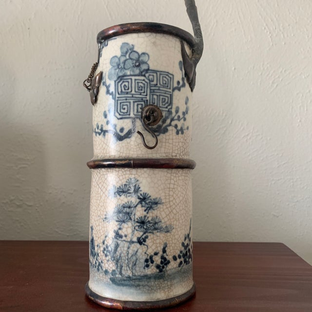Asian Antique Asian Blue and White Ceramic Water Vase Pipe For Sale - Image 3 of 12