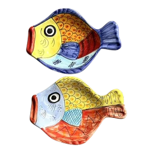 Vintage Italian Glazed Ceramic Fish Serving Bowls - Set of 2