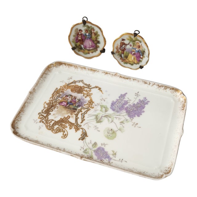 Antique Victorian Miniature Porcelain Plates & Matching Tray – Romantic Pastoral Scenes, Gilt Rococo Decor, C. 1900 (Set of 3) For Sale