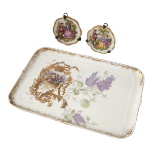 Antique Victorian Miniature Porcelain Plates & Matching Tray – Romantic Pastoral Scenes, Gilt Rococo Decor, C. 1900 (Set of 3)