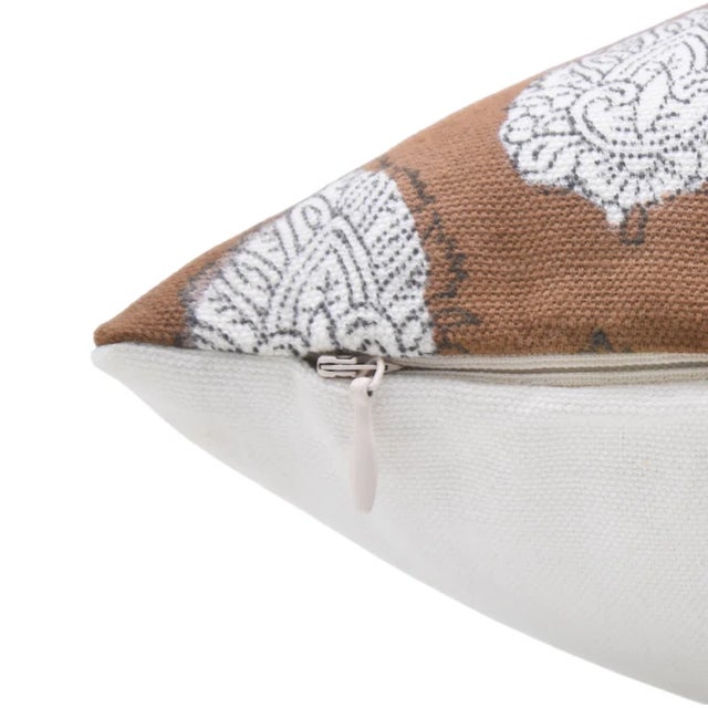 Art Deco Fabdivin Block Print Cushion Cover 14x36 Inch Thick Cotton White-Betal Leaf For Sale - Image 3 of 4