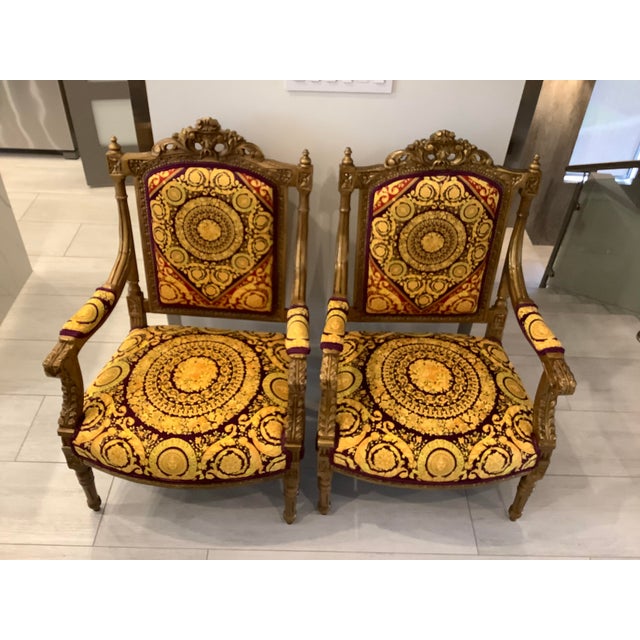 Metal Louis XVI Style Vintage Gold Hand Carved Chairs With Atelier Versace Style Fabric For Sale - Image 7 of 13