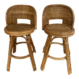 Vintage Boho Chic Wicker Golden Rattan and Bamboo Bar Stools - a Pair For Sale