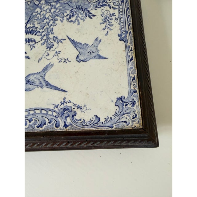 Blue Vintage French Blue & White Faience Tile Trivet in Carved Wood Frame For Sale - Image 8 of 12