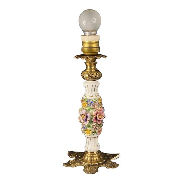 Vintage Italian Brass and Porcelain Table Lamp with Hand-Painted Flowers from Capodimonte For Sale - Image 11 of 11
