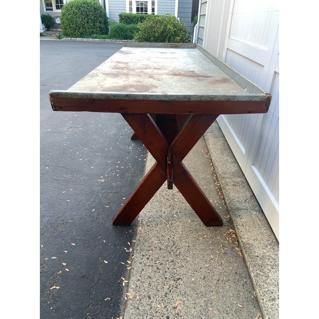 Large Vintage Metal-Topped Rustic Wood Garden Potting Trestle Table For Sale - Image 4 of 15