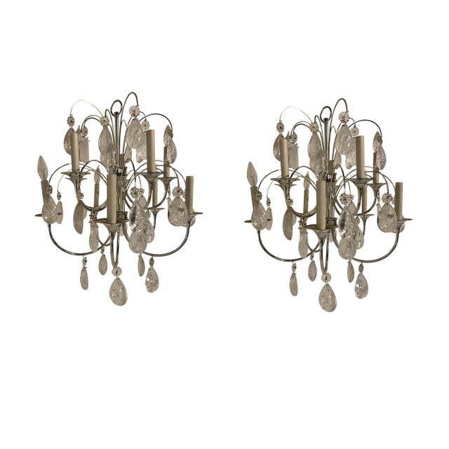 Pair 1930’s French nickel plated chandelier with rock crystal hanging. Available two item| price per one