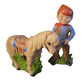 1970's Vintage Ceramic Horse Cowboy Whimsical Child Figurine Statues- A Pair For Sale